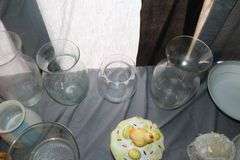 Glass Vases, Hot Plates, Hand Towels, Cookie Jar, Percolator, Bristol Cups, Plates, Saucers, Bowls, and Misc.