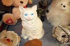 Sears Typewriter, Bear Stuffed Animals, Cat Figurine, Artificial Flowers and Flower Pot, Febreze Air Freshener, and Misc.