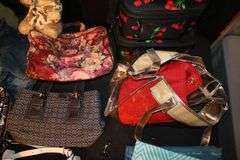 Lawn Food and Drink Table, Coach Purse, Guess Purse, Handbags, Toiletry Bags, Towels, and Misc.