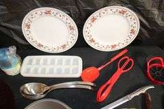 Magic Bullet Mixer, Magic Bullet Mixer Cups, Sheffield Decorative Plates, Coffee Mugs, Spatulas, Tongs, Plastic Cups, Ice Tray, and Misc.
