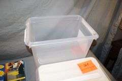 (2) Plastic Covered Trays, Plastic Bins, Plastic Tote, White Plastic End Table, Super Sliders, 3 Drawer Cubby, Fabric, and Misc.