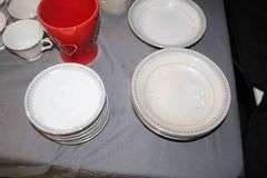 Glass Vases, Hot Plates, Hand Towels, Cookie Jar, Percolator, Bristol Cups, Plates, Saucers, Bowls, and Misc.