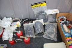 Oil Cans, Tape, Wire Wrap, Muffs, Boxes, Chalk Line Set, Door Handles, Funnel, and Misc.
