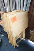 (4) TV Dinner Trays and Stand, Glass Top End Table, Step Stool, Metal Bottom Cushioned Stool, and Hanging Basket