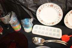 Magic Bullet Mixer, Magic Bullet Mixer Cups, Sheffield Decorative Plates, Coffee Mugs, Spatulas, Tongs, Plastic Cups, Ice Tray, and Misc.