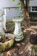 Concrete Angel Statue, (2) Concrete Bird Bath Bases, Plastic Dog, Concrete Bowl, and Water Hose