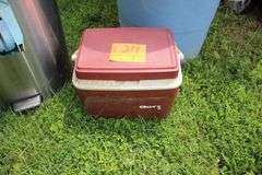 Sunbeam Grill, Rubbermaid Trash Can, Gott Cooler, and Simply 10.5 Gallon Metal Trash Can