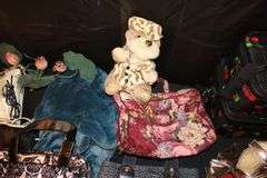 Lawn Food and Drink Table, Coach Purse, Guess Purse, Handbags, Toiletry Bags, Towels, and Misc.