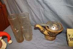 Santa Claus Mugs, Candy Dish, Glass Pitcher, Fondue Pot, Cake Mold, Candle Holders, Peculator, Canisters, and Misc.