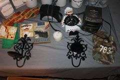 (4) Canisters with Sealing Lids, (4) Decorative Canisters, Wolf Statue, Alarm Clock, Wall Decorations, Tape Cleaner, and Misc.