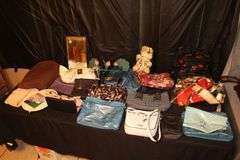 Lawn Food and Drink Table, Coach Purse, Guess Purse, Handbags, Toiletry Bags, Towels, and Misc.