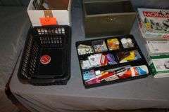 Metal Box, Monopoly Board Game, Extension Cords, Envelopes, (2) Plastic Baskets, Paint Roller, Office Supplies, and Misc.