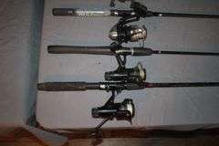 Garcia 5500 Rod and Reel, (3) Shimano Rods and Reels, and (2) Fishing Rods
