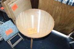 (4) TV Dinner Trays and Stand, Glass Top End Table, Step Stool, Metal Bottom Cushioned Stool, and Hanging Basket