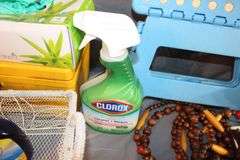 Door Beads, Frog Decorations, Plastic Toolbox, Step Stool, Vases, Pitcher, Lined Wicker Basket, Cleaning Supplies, and Misc.