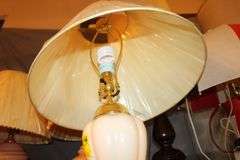(2) White Lamps with Globes, (6) Lamps, (2) Wooden Base Lamps, and Golf Bag Lamp