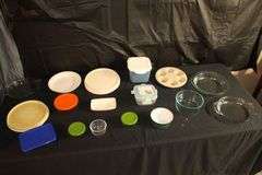 Pyrex Glass Dishes with Lids, (2) Anchor Hocking Glass Baking Dishes, Muffin Tray, Igloo Container, and Misc.