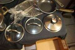 Farberware Skillets, Cuisinart Stainless Pots with Lids, Baking Pans, Metal Strainer, and Pyrex Baking Dish Carrier