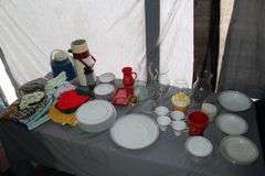 Glass Vases, Hot Plates, Hand Towels, Cookie Jar, Percolator, Bristol Cups, Plates, Saucers, Bowls, and Misc.