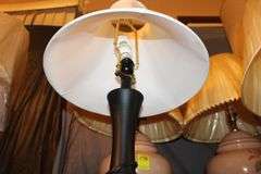 (2) White Lamps with Globes, (6) Lamps, (2) Wooden Base Lamps, and Golf Bag Lamp