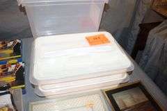 (2) Plastic Covered Trays, Plastic Bins, Plastic Tote, White Plastic End Table, Super Sliders, 3 Drawer Cubby, Fabric, and Misc.