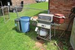 Sunbeam Grill, Rubbermaid Trash Can, Gott Cooler, and Simply 10.5 Gallon Metal Trash Can
