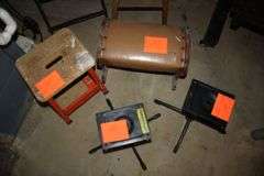 Barstool, (2) Stool Frames, Step Stool, Folding Chair, and Wooden Seat on Wheels