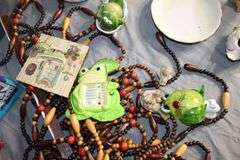 Door Beads, Frog Decorations, Plastic Toolbox, Step Stool, Vases, Pitcher, Lined Wicker Basket, Cleaning Supplies, and Misc.