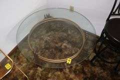 Circular Glass Top Coffee Table, Glass Top Side Table, and High Back Swivel Barstool
