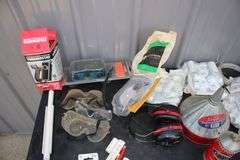 Oil Cans, Tape, Wire Wrap, Muffs, Boxes, Chalk Line Set, Door Handles, Funnel, and Misc.