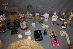 Grape Cookie Jar, Cast Iron Chicken, Deer Statue, Glass Display Frame, Vase, Figurines, and Misc.