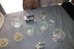 Pink Depression Candy Dish, Cake Stand, Candy Dishes, Glass Punch Bowl, Bells, and Misc. Glassware