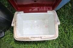 Sunbeam Grill, Rubbermaid Trash Can, Gott Cooler, and Simply 10.5 Gallon Metal Trash Can