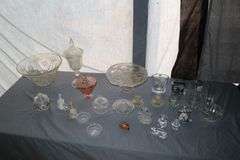 Pink Depression Candy Dish, Cake Stand, Candy Dishes, Glass Punch Bowl, Bells, and Misc. Glassware
