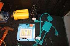 (2) Claw Hammers, Belden Electrical Wire, Electrical Cord, Abrasive Blade, Weatherstrip Tape, Lights, and Misc.