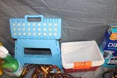 Door Beads, Frog Decorations, Plastic Toolbox, Step Stool, Vases, Pitcher, Lined Wicker Basket, Cleaning Supplies, and Misc.