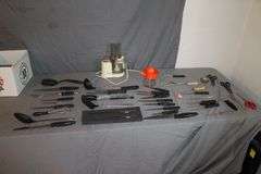 Magic Chef Food Chopper, Knives, Scissors, Juicer, Spatulas, Nutcracker, Bottle Opener, and Misc.