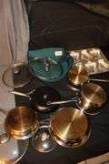 Farberware Skillets, Cuisinart Stainless Pots with Lids, Baking Pans, Metal Strainer, and Pyrex Baking Dish Carrier