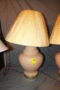 (2) White Lamps with Globes, (6) Lamps, (2) Wooden Base Lamps, and Golf Bag Lamp