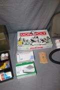 Metal Box, Monopoly Board Game, Extension Cords, Envelopes, (2) Plastic Baskets, Paint Roller, Office Supplies, and Misc.