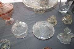 Pink Depression Candy Dish, Cake Stand, Candy Dishes, Glass Punch Bowl, Bells, and Misc. Glassware