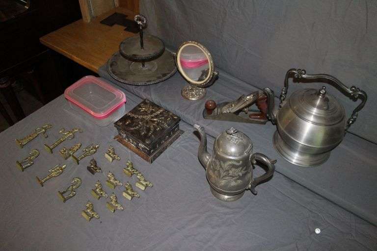 2 Tier Silver Plated Tidbit Tray, Metal Trinket Box, Pitcher, Tea Kettle, Hand Planer, Mirror, Plastic Container, and Misc. Figurines image