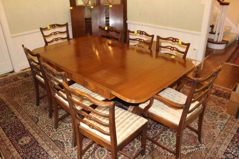 Wooden Dining Room Table with (3) Leaves and (8) Padded Chairs image