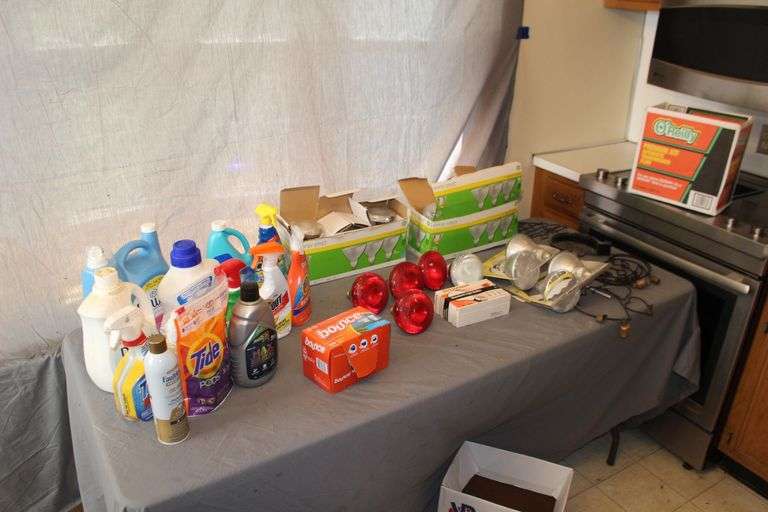 Laundry Detergent, Outdoor Light Bulbs, Red Light Bulbs, Dryer Sheets, Bell Decorations, and Misc. image