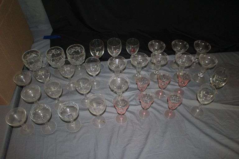 Champagne Glasses, (6) Pink Glasses, Wine Glasses, and Misc. image