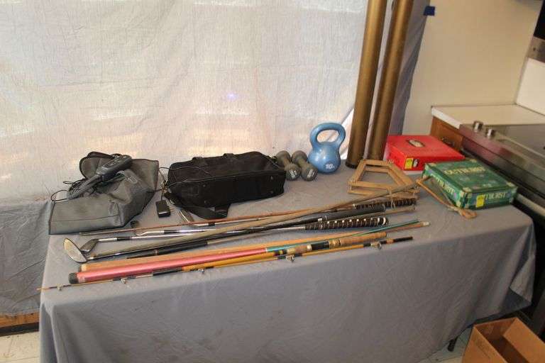 Louisville Grand Slam Irons, Dunlop Irons, 4 Wood, Camera Bag, Cane Fishing Poles, 10 Lb Kettlebell, Fit King Leg Massager, Board Games, and Misc. image