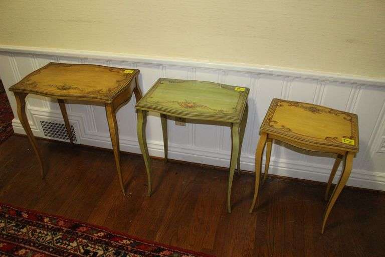 (3) Wooden Side Tables with Hand Painted Tops image