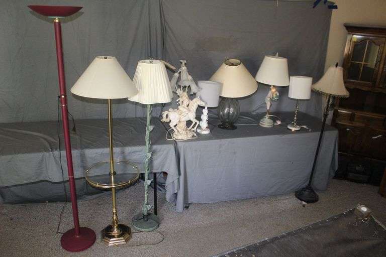 (3) Pole Lamps, Decorative Horse Lamp, Pole Lamp with Glass Top Table, and (4) Table Lamps