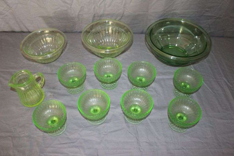 (2) Uranium Bowls, (8) Uranium Glass Dessert Dishes, Uranium Glass Creamer Glass, and Green Glass Bowl