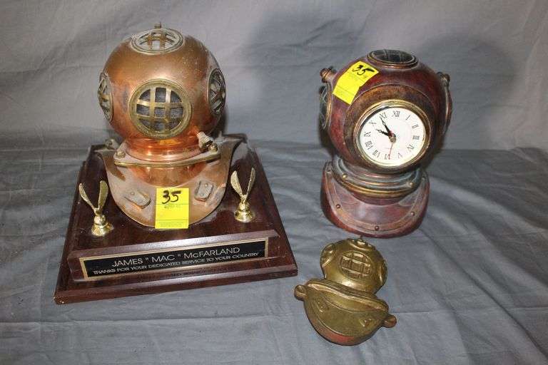 Diver Helmet Clock and Copper Diving Helmet on Plaque
